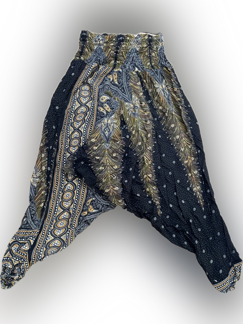Harem Pants in Black & Gold with Paisley Feather-Print ~Unisex -Med